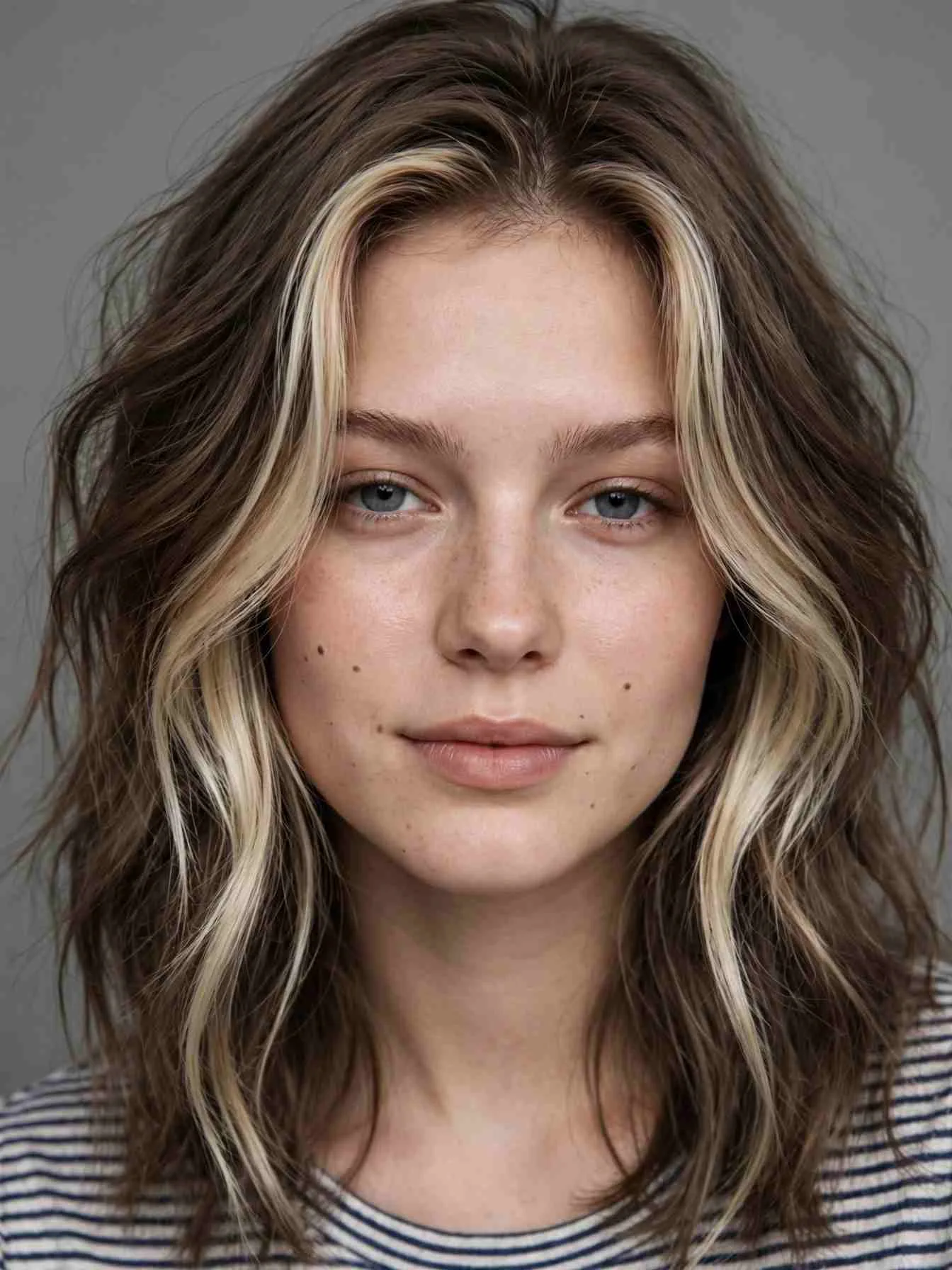 Ash brown hair with bright face-framing money piece