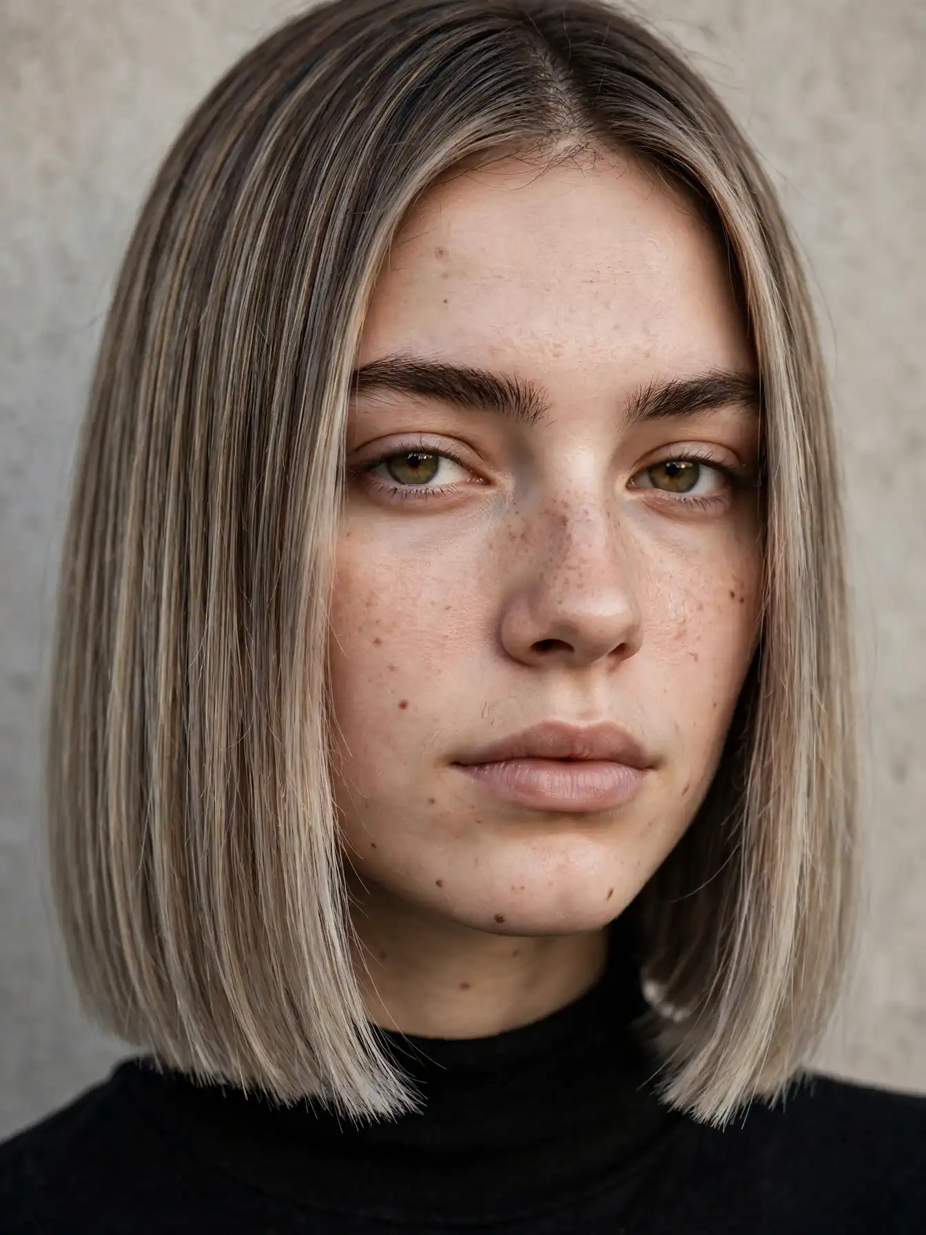 Ashy bronde melt on blunt one-length hair