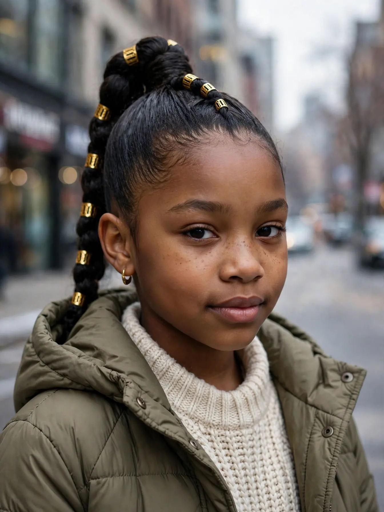 22 Winter Natural Hairstyles For Kids They'll Love 21 high braided ponytail with gold cuffs for kids