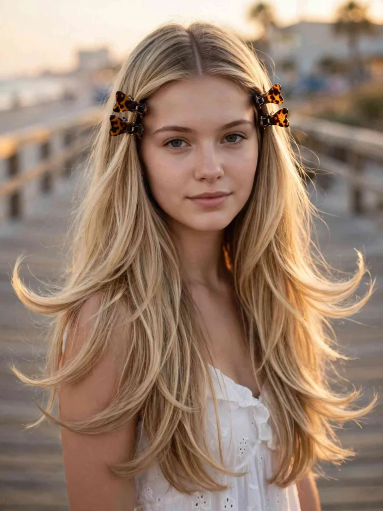 Woman with long layered hair, flipped ends, and butterfly clips