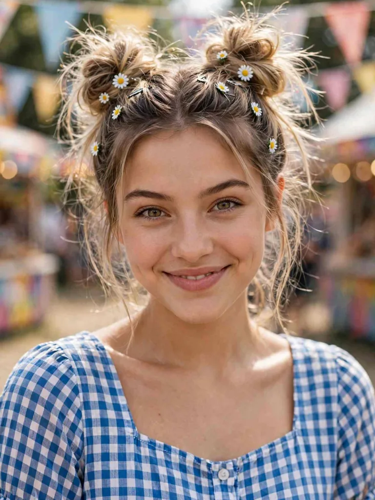 Two messy space buns with tiny daisy clips