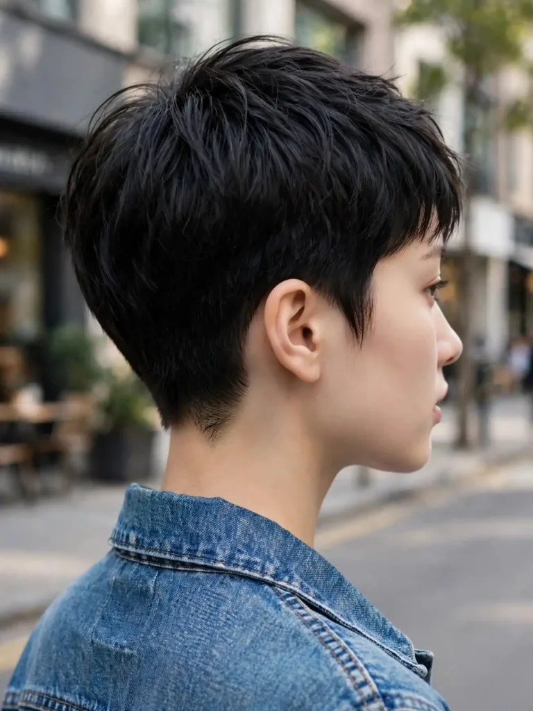 Pixie with clean tapered nape shown from back three-quarter view