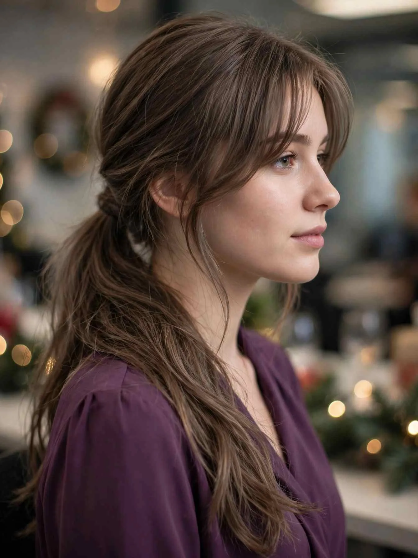 Side-swept loose low ponytail with curtain bangs