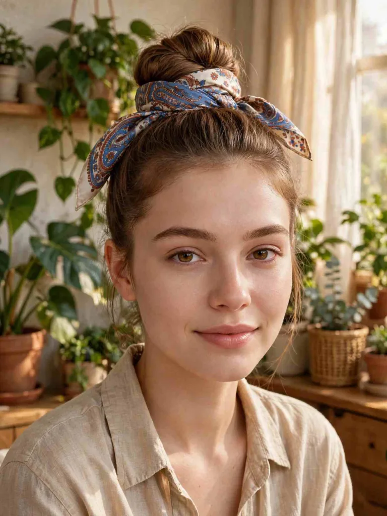 Patterned silk scarf tied as a headband over a high bun