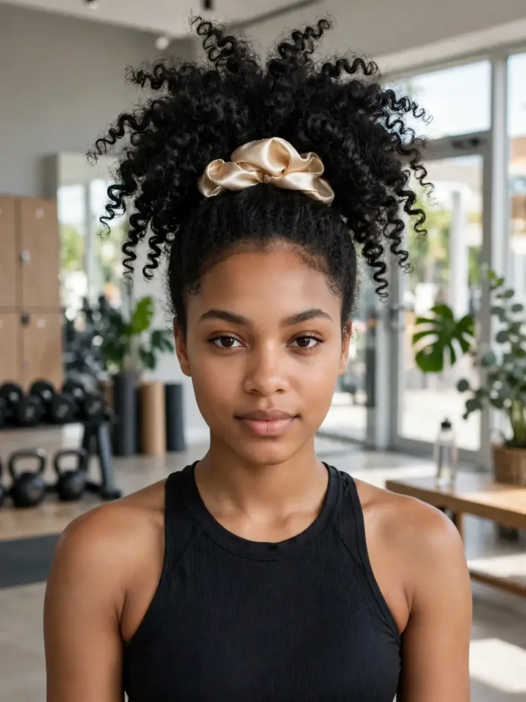 champagne silk scrunchie securing a high curly pineapple