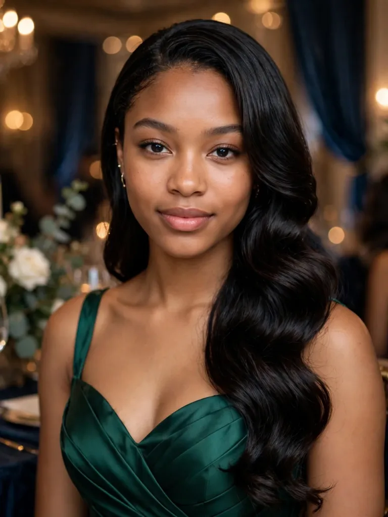 Sleek silk-pressed hair in soft glossy waves over one shoulder