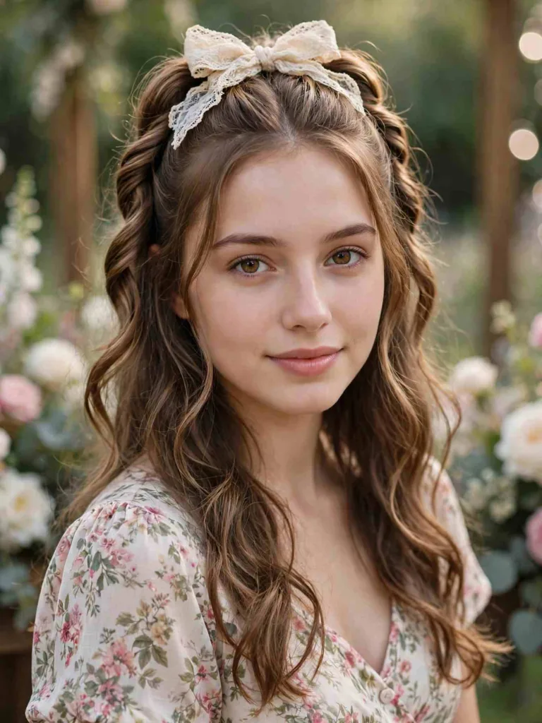 Twisted half-up hairstyle finished with a vintage lace bow