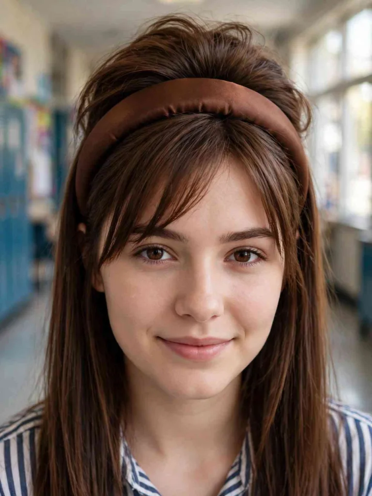 Woman with a padded satin headband and lifted crown volume
