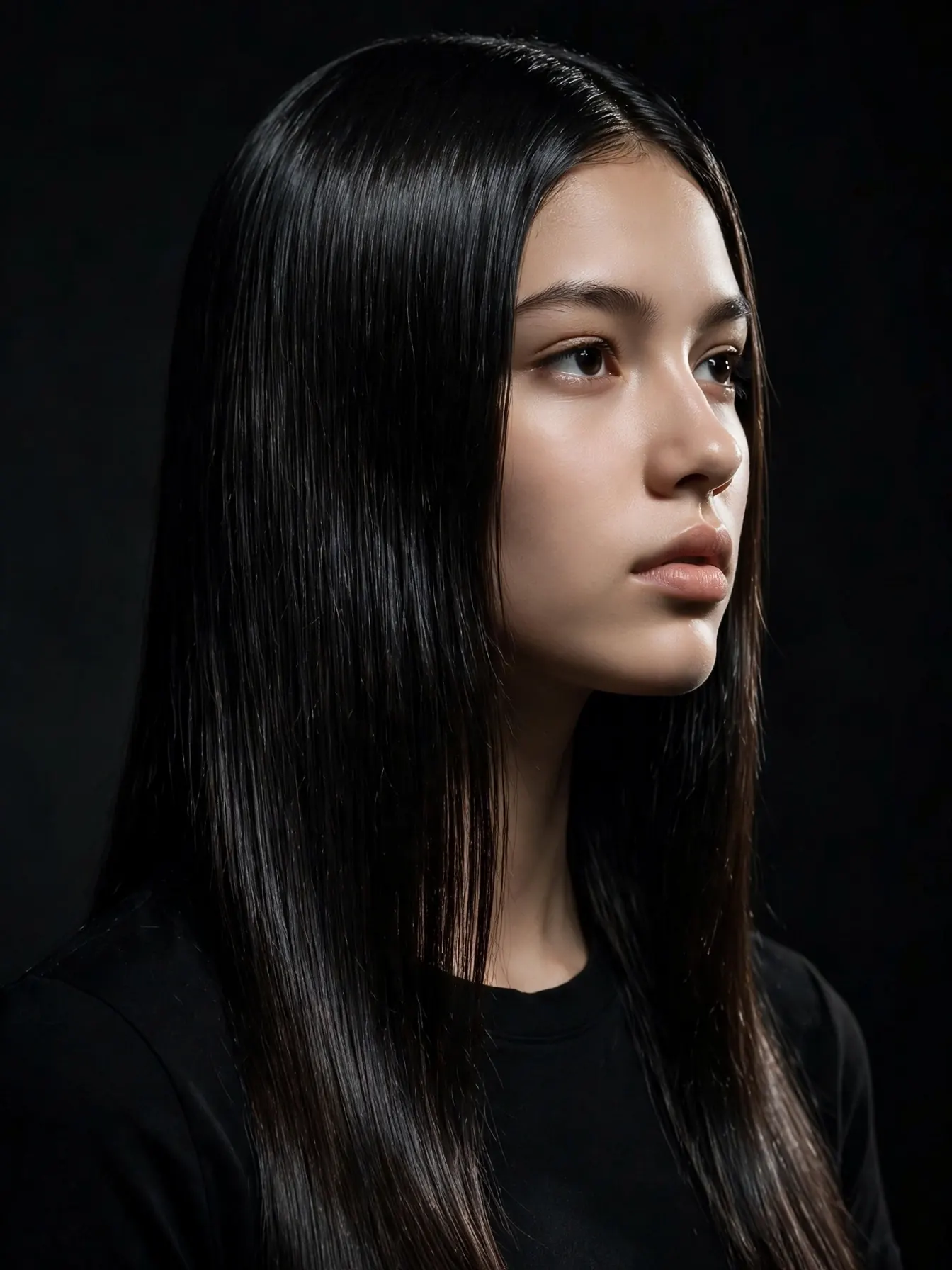Jet black gloss hair color, sleek and shiny