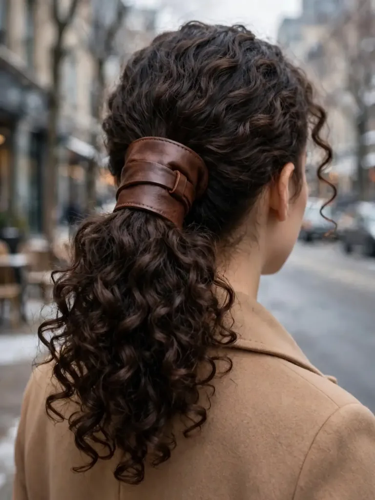 brown leather cuff wrapped around the base of a curly ponytail