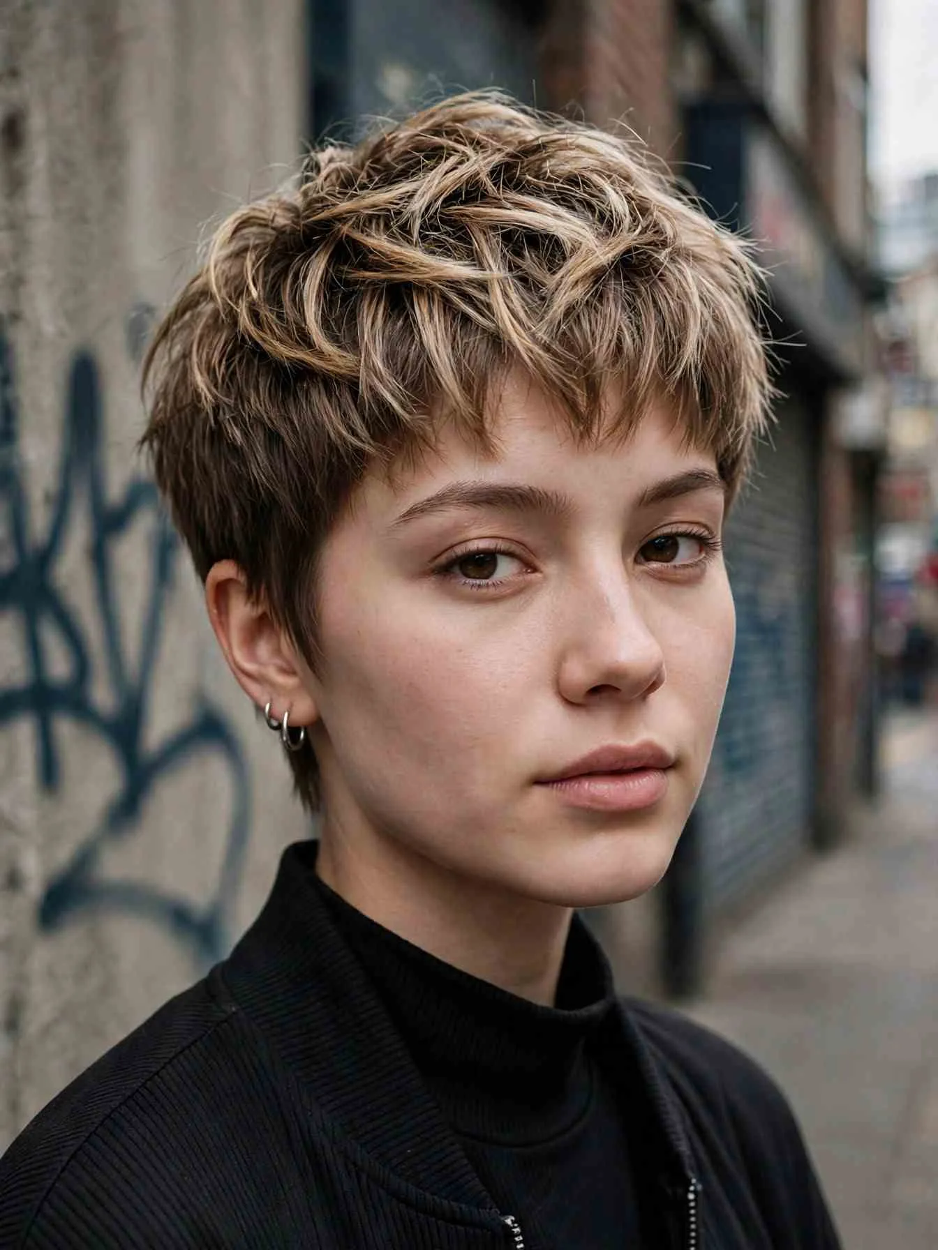 Mocha latte dimension on a textured pixie crop
