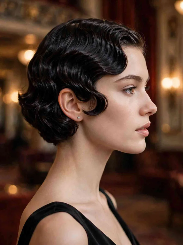 Side profile of a woman with short dark hair in soft sculpted finger waves with a deep side part