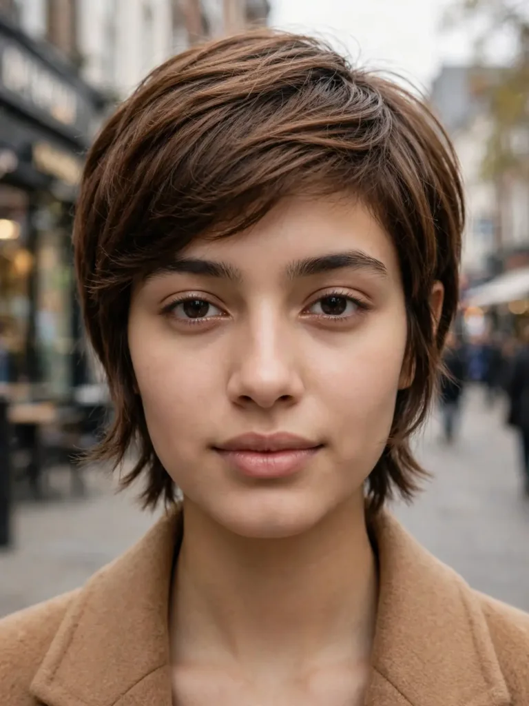 Pixie with soft long sideburns framing the cheeks