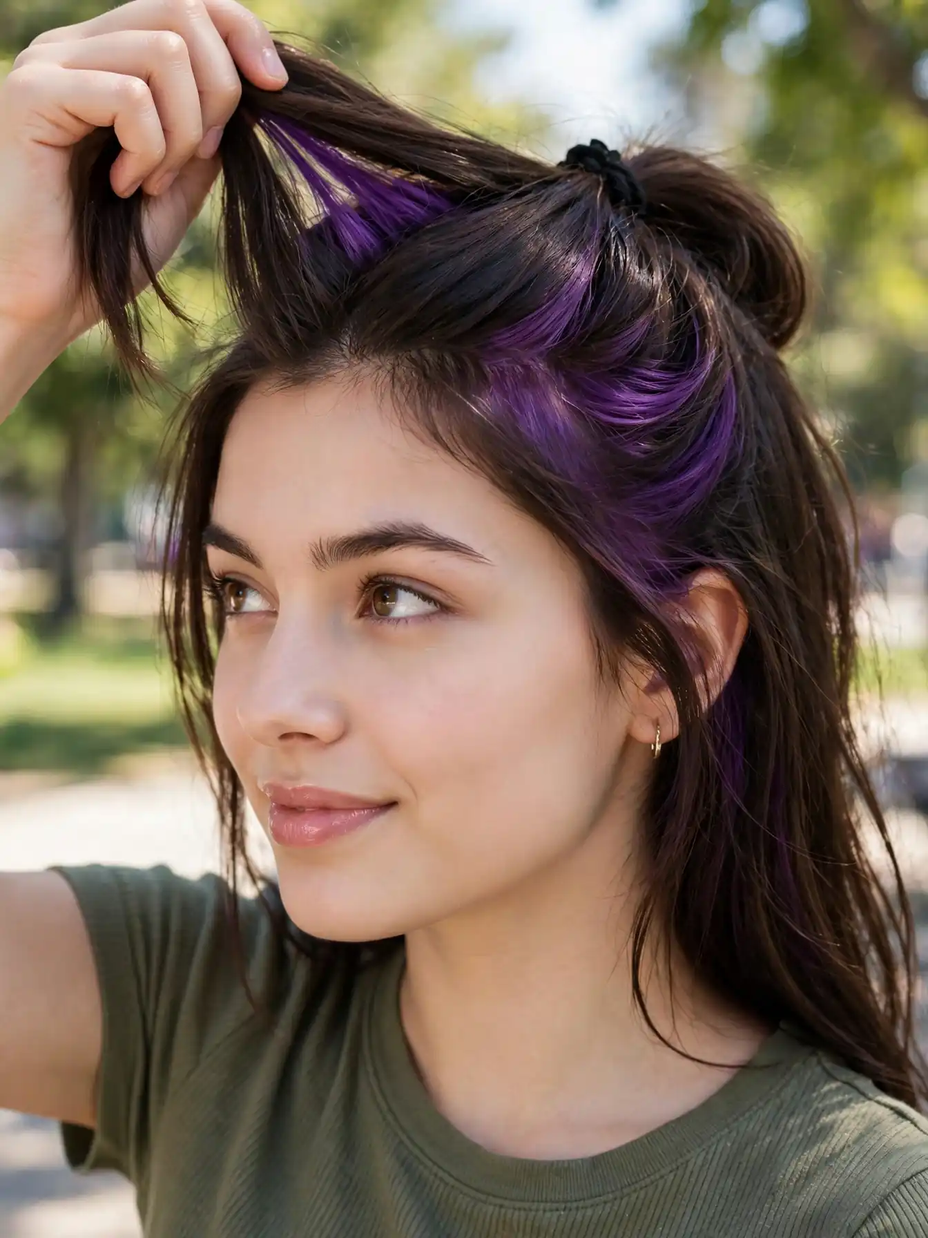 Hidden plum peekaboo highlights revealed under brown hair