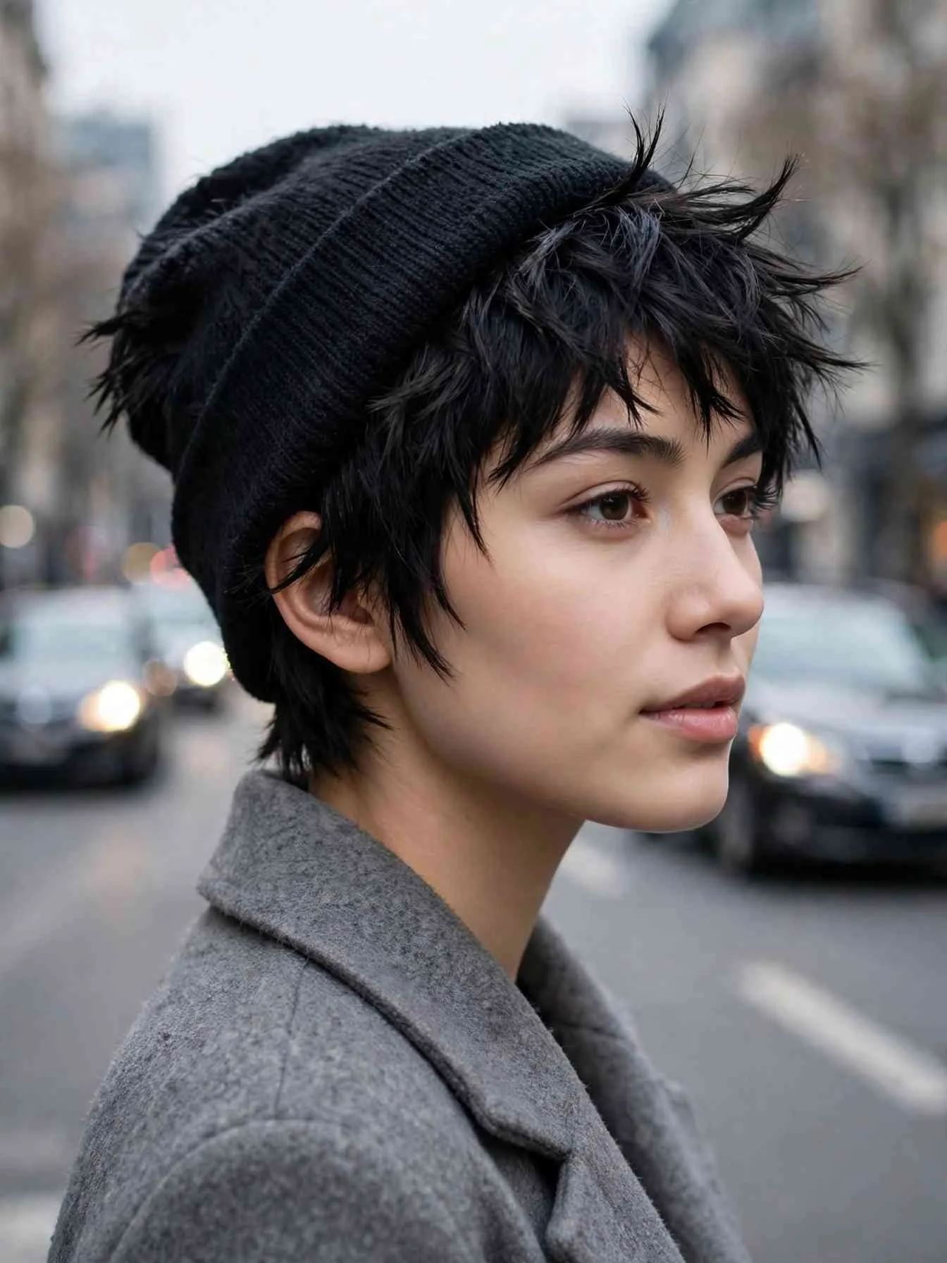 Textured pixie crop with piecey ends worn under a knit beanie