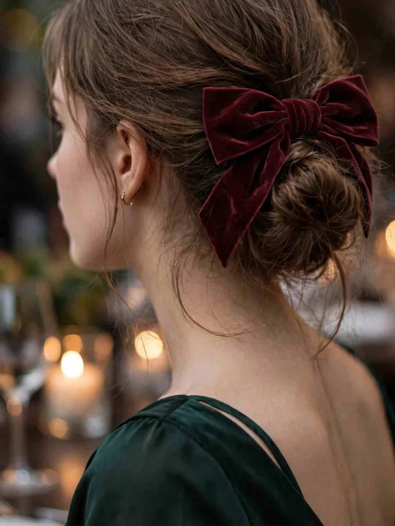 Soft low bun wrapped with a wide burgundy velvet bow