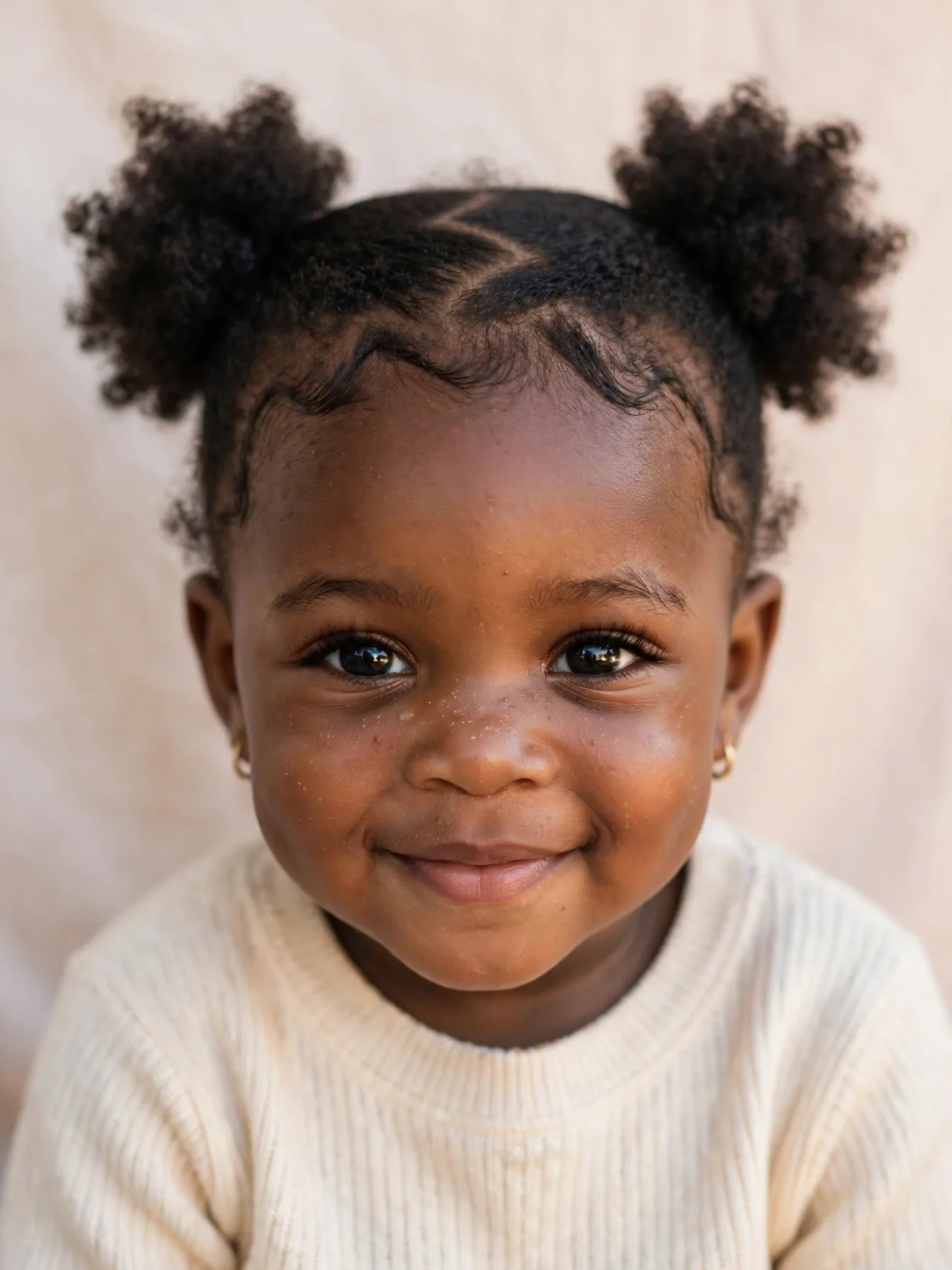 toddler with a zigzag part and twin puffs