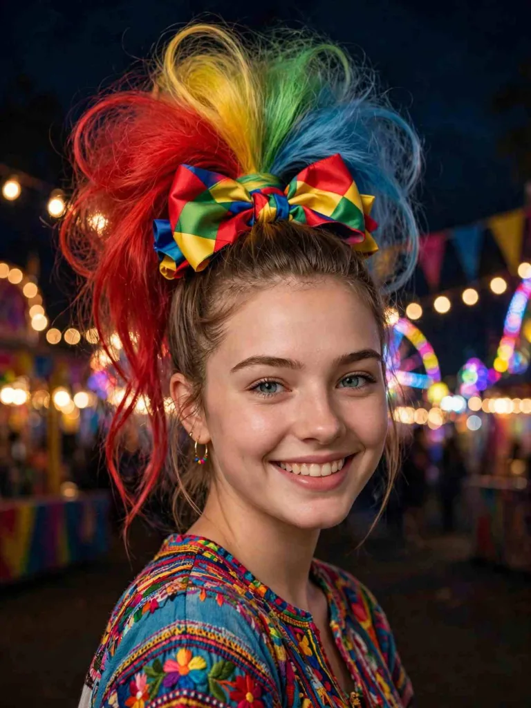 Clown high voluminous ponytail with rainbow streaks