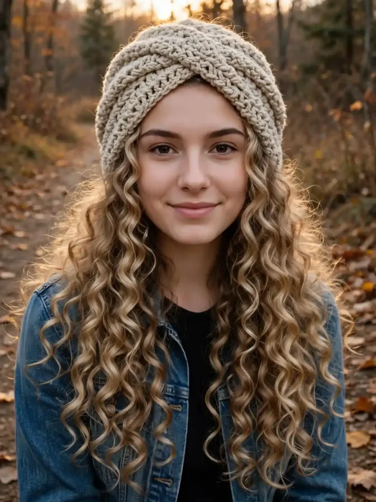 oatmeal crochet head wrap worn over loose winter curls