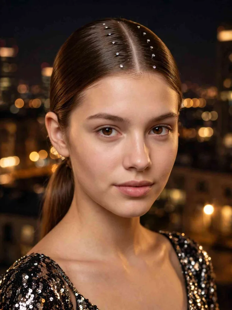 Woman with a ponytail, center part, and rhinestone pins along the part