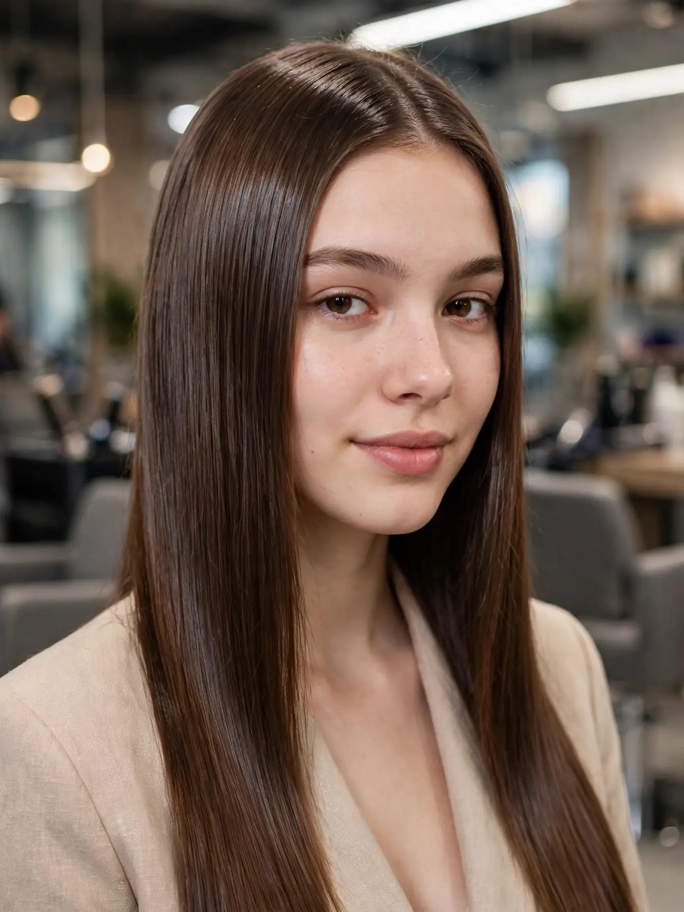 Milk Chocolate Silk Blowout Pin-straight silk blowout in milk chocolate brown hair color