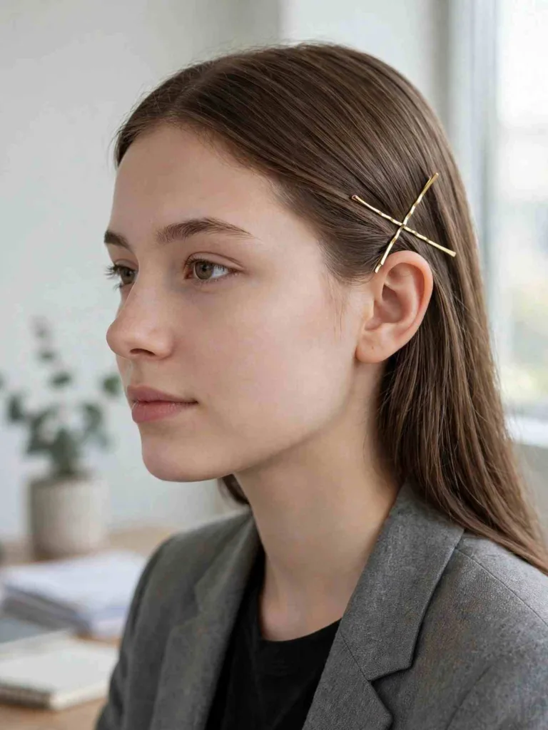 Two slim gold bobby pins crisscrossed above the ear