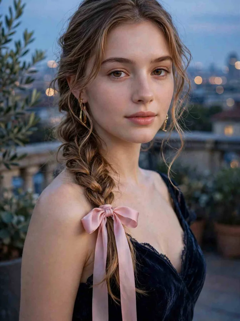 Loose side braid tied with a long blush ribbon bow