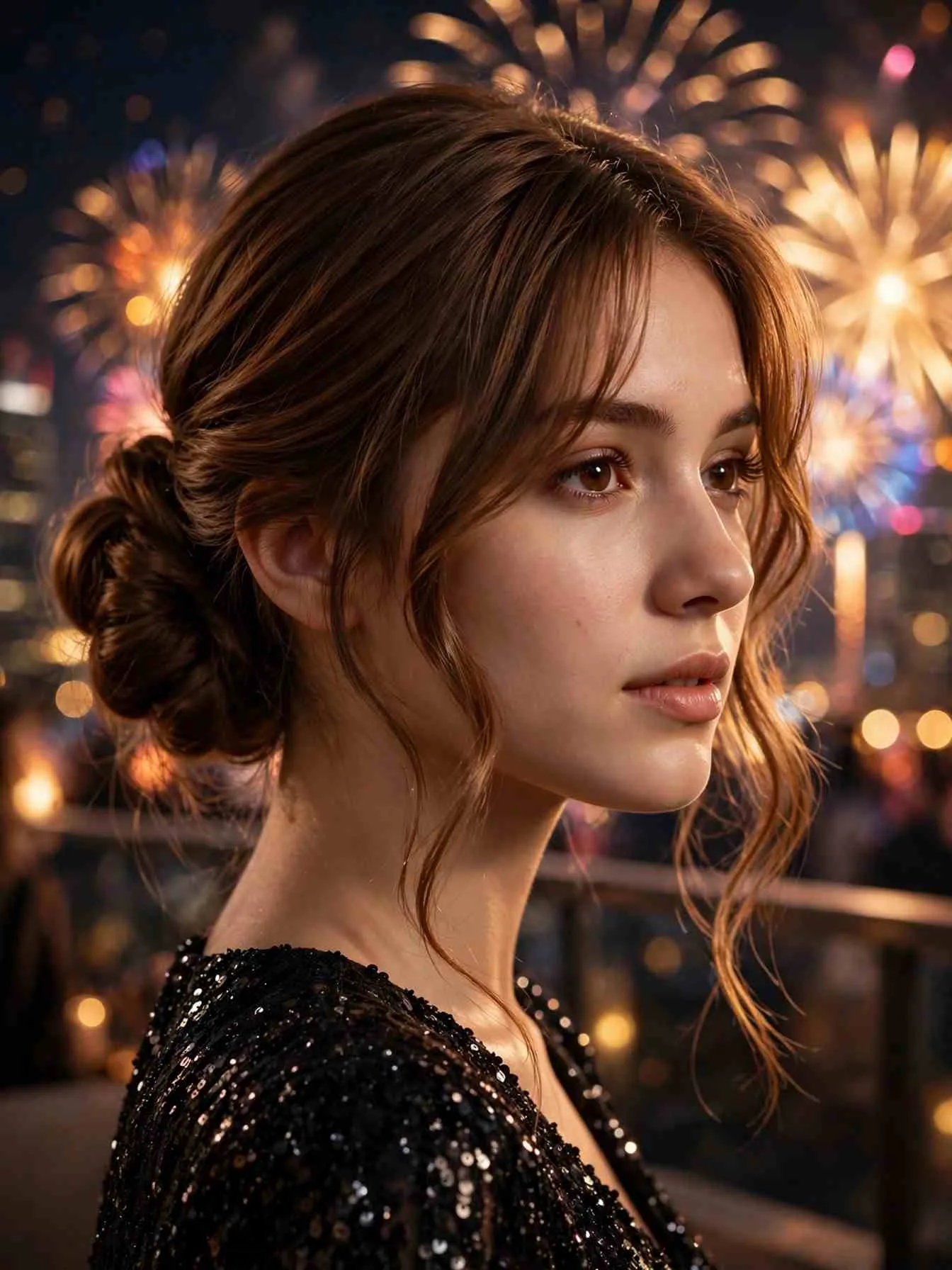 Glamorous low side bun with curtain bangs for New Year's Eve