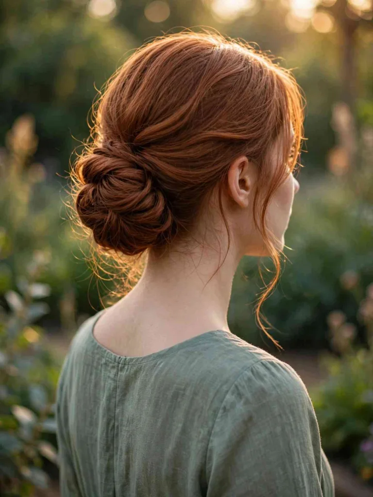 Back view of a woman with copper-auburn hair gathered into a low chignon swept to one side