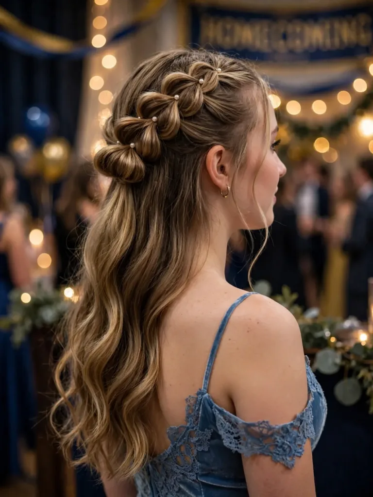 Half-up bubble braid with tiny pearl pins and long flowing lengths