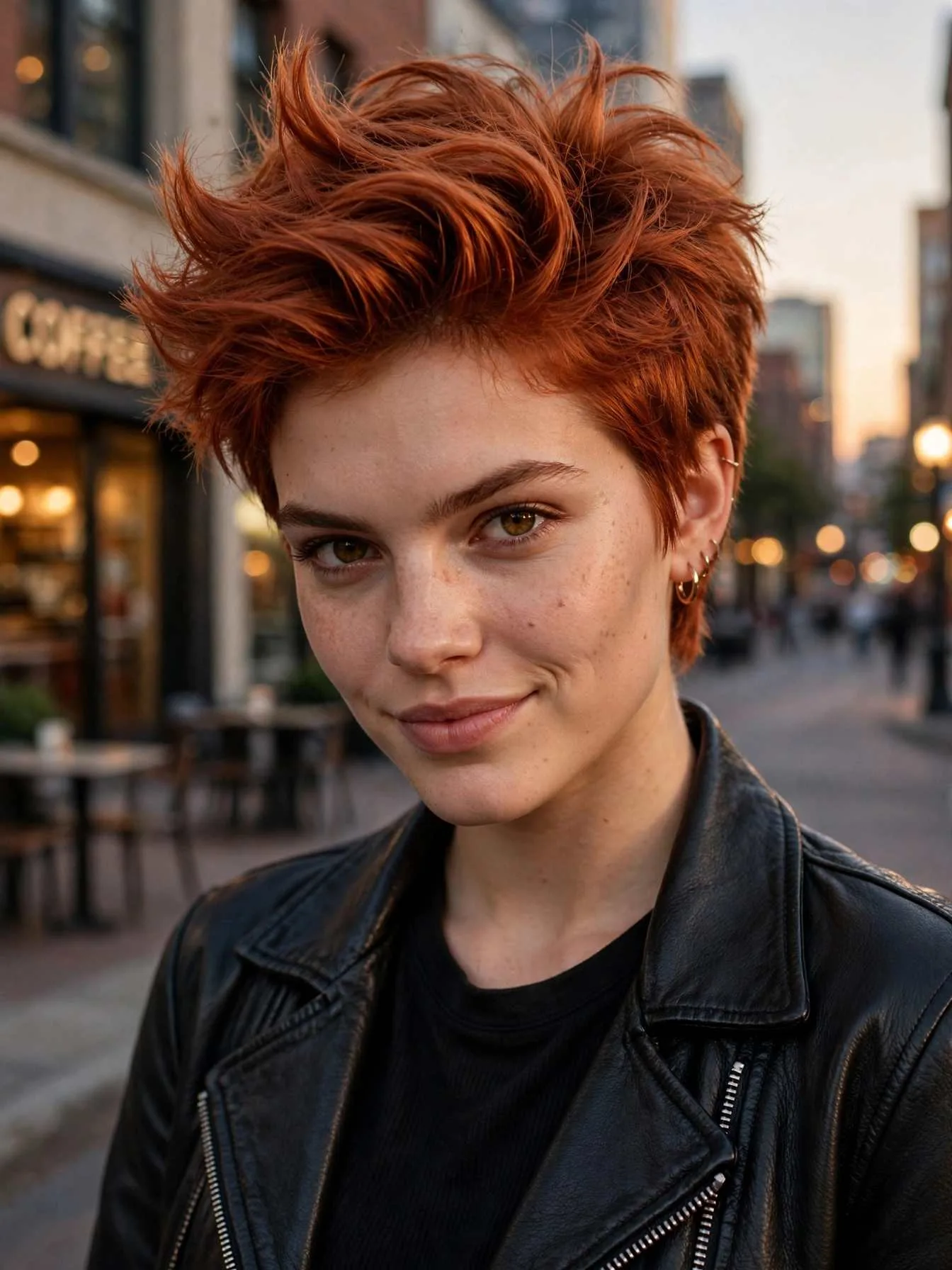 Textured volumized pixie haircut with height on top and softly tapered sides in copper red