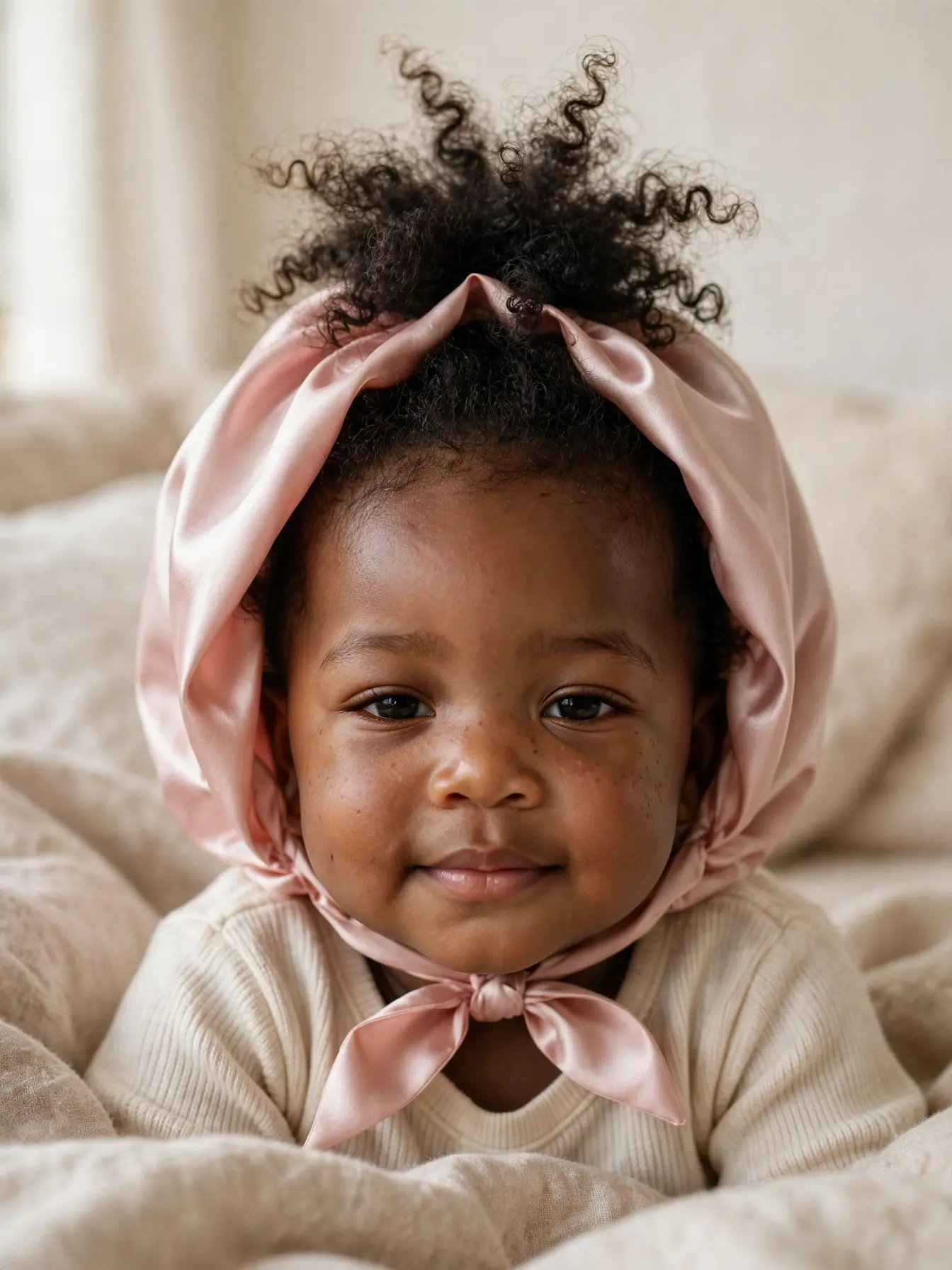 baby with a loose nighttime pineapple under a satin bonnet