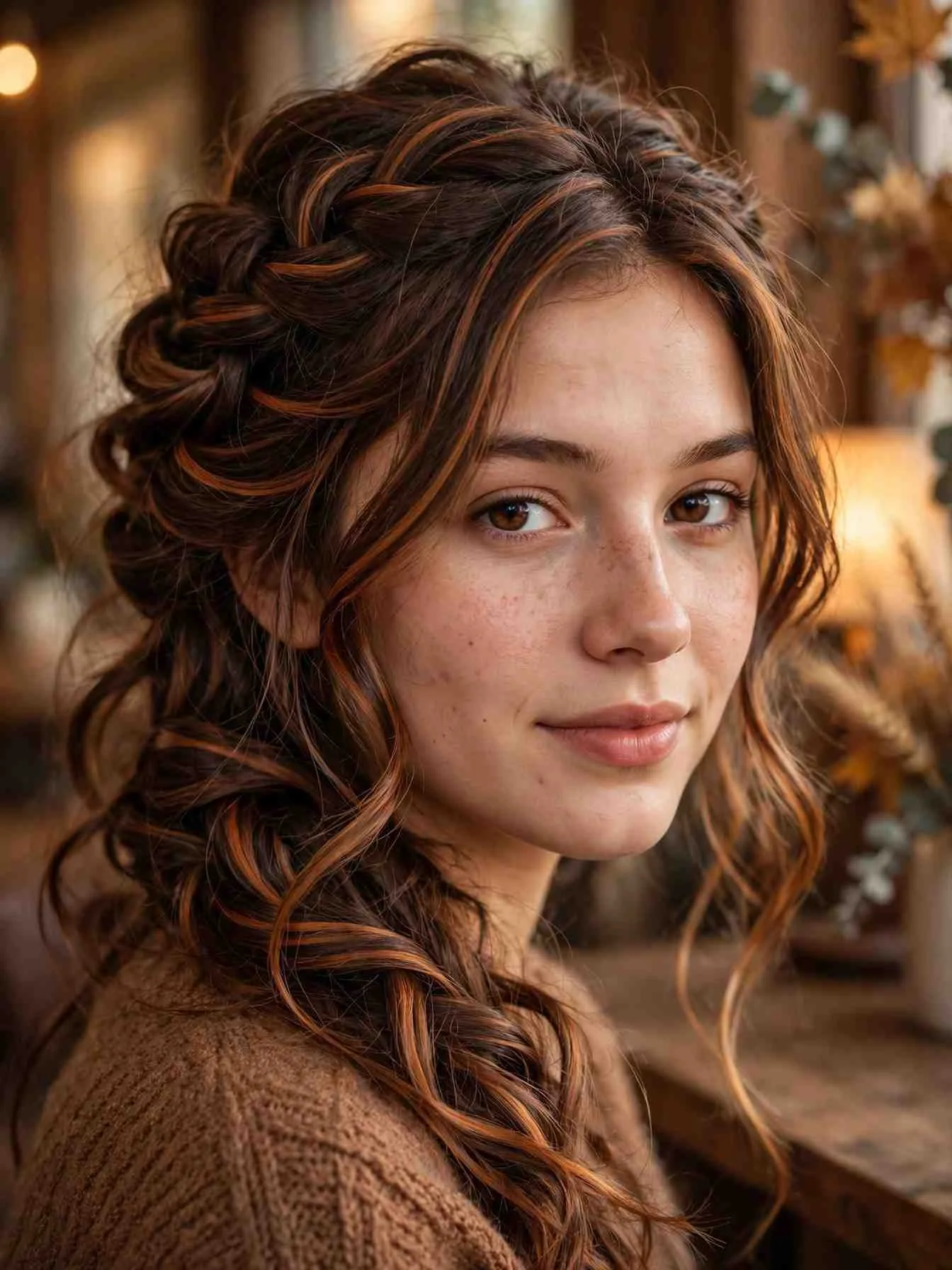 Copper-kissed mocha latte brunette hair