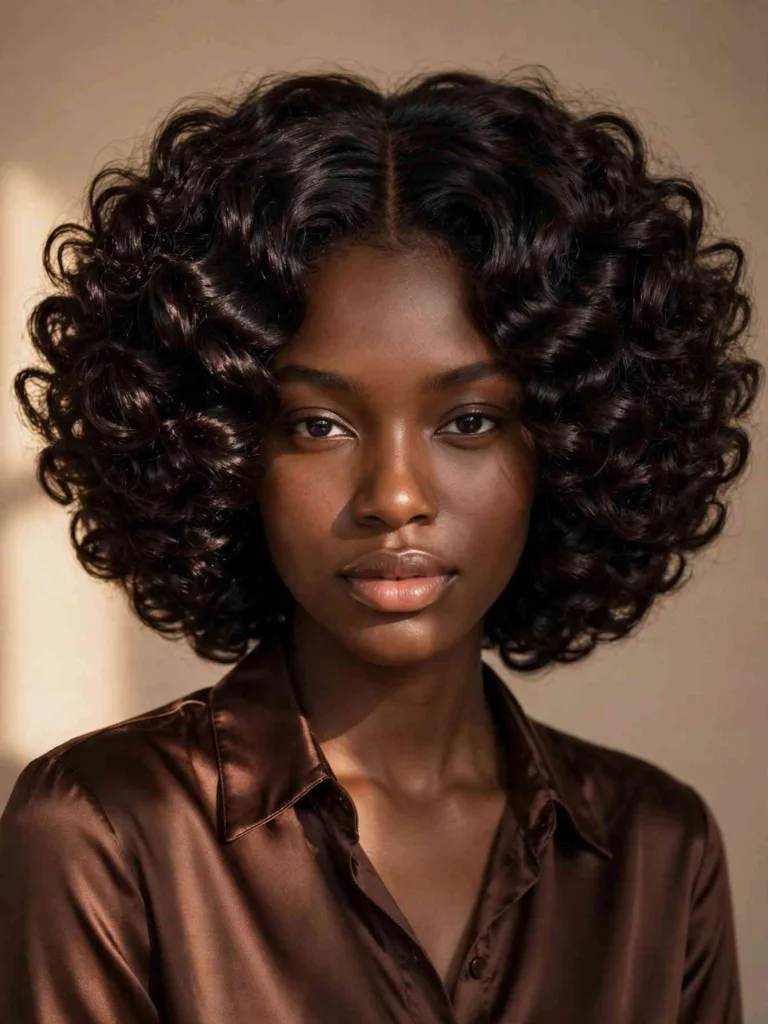 Front portrait of a woman with voluminous defined glossy curls in a polished rounded shape