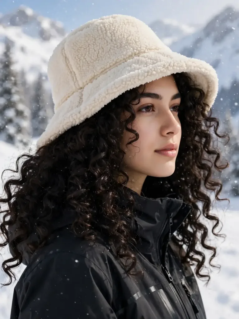 cream bucket hat with fleece lining worn over curly hair in snow