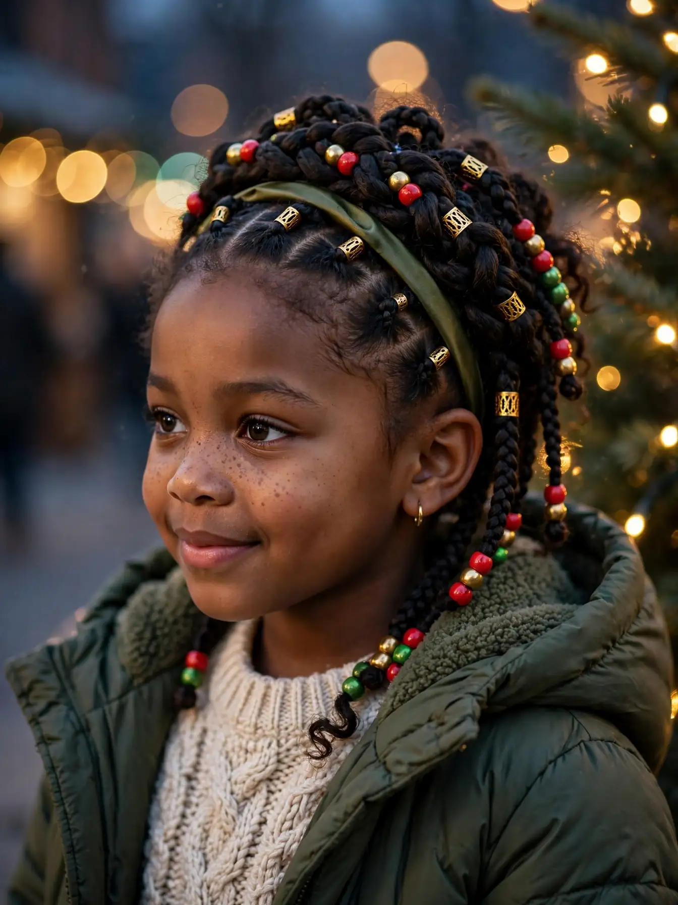 22 Winter Natural Hairstyles For Kids They'll Love 24 festive holiday braided crown with red gold and green beads for kids