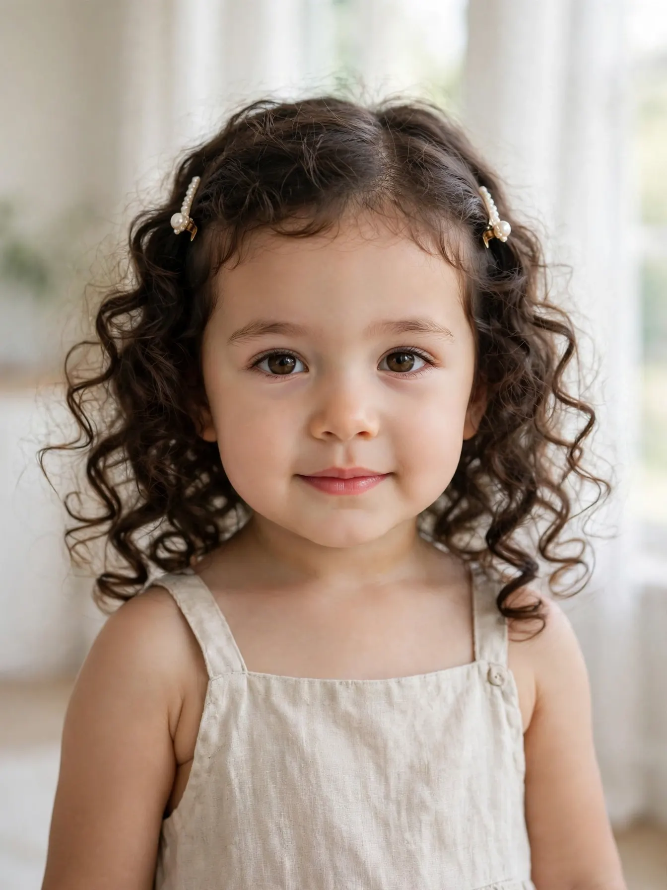 22 Cute Toddler Girl Hairstyles That Are Easy at Home 24 Toddler girl with loose natural curls and two mini clips at the front