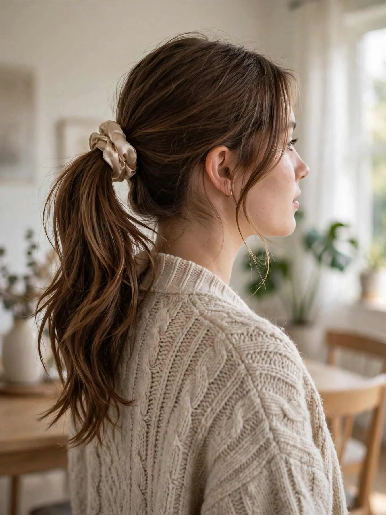 Relaxed mid height ponytail secured with a champagne silk scrunchie in long layered chestnut hair