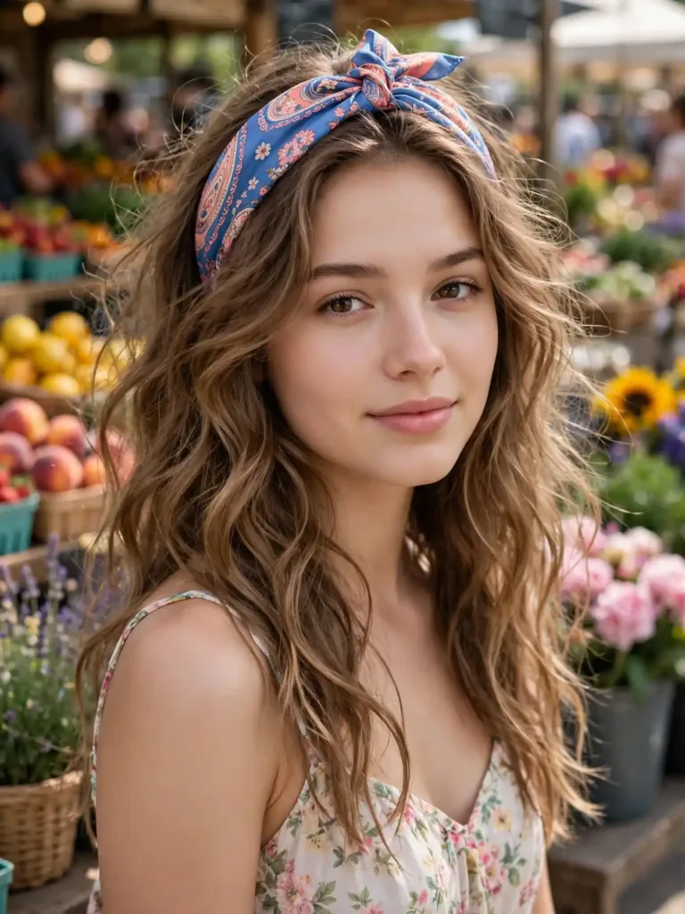 Beachy waves with a silk scarf tied as a headband