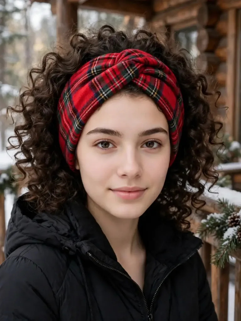red plaid wool scarf folded into a headband over curly hair