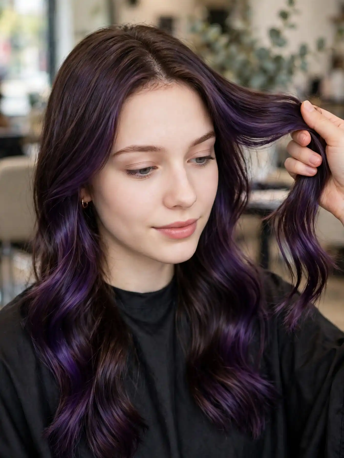 Plum brunette gloss refresh for shiny healthy violet hair