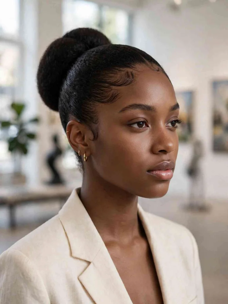 Portrait of a woman with coily hair smoothed back into a sleek rounded puff at the crown