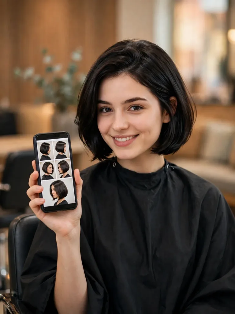 Italian Bob Haircut: The Full Guide to Getting It Right 2 Woman in a salon chair holding a phone showing Italian bob haircut reference photos