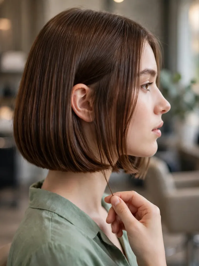 Italian Bob Haircut: The Full Guide to Getting It Right 3 Hand holding a strand of chestnut Italian bob hair at collarbone level to check cutting length