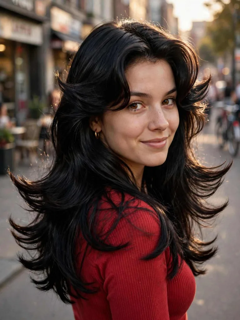 Outward-flick wing-tip layers on long hair