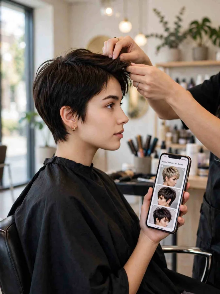 Stylist consultation for a wispy pixie cut with reference photos