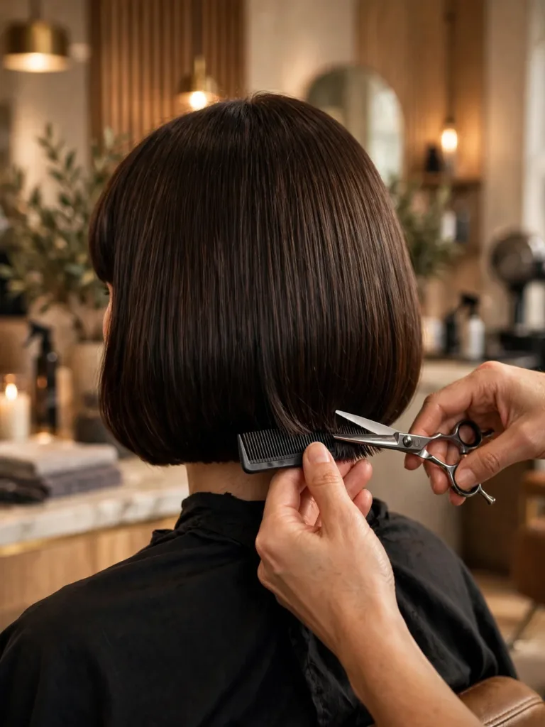 Stylist trimming the blunt perimeter of a french bob haircut in a salon