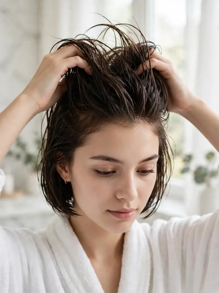 Woman lifting damp bob hair at the roots to build volume before blow-drying