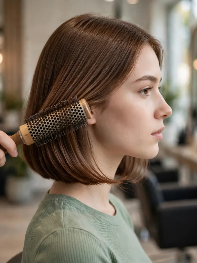 Side view of a chestnut bob being smoothed sleek with a round brush