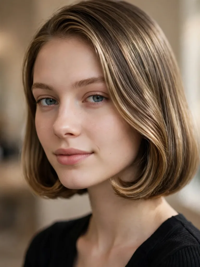 Close-up of bob ends curving softly under the chin with glassy shine